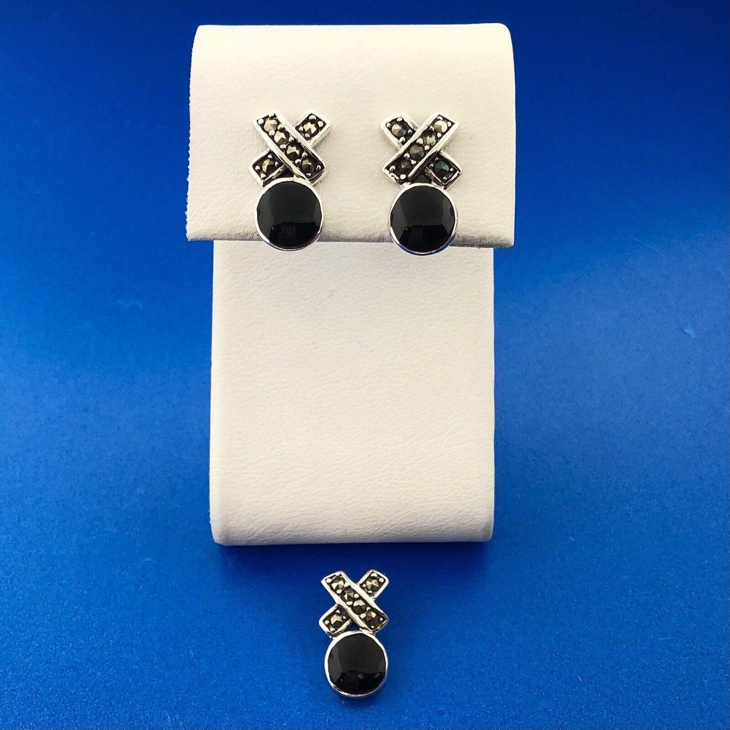 Estate Sterling Silver 925 Black Onyx Marcasite X O Earrings Pendant Set