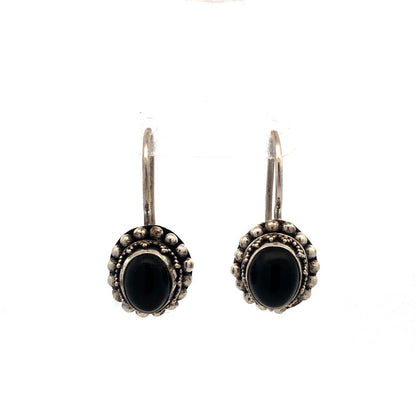 Vintage 925 Sterling Silver Oval Black Onyx Beaded Detail Dangle Hook Earrings