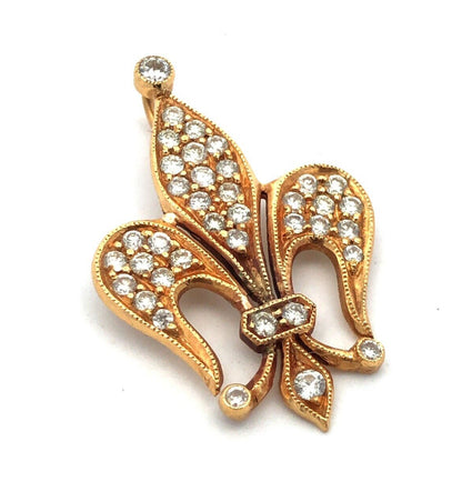 Estate 18K Yellow Gold Round Diamond Fleur De Lis French Religious Pendant