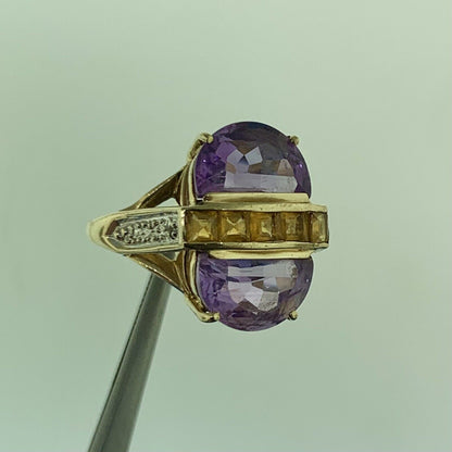 Designer THL 10K Yellow Gold Amethyst Citrine Diamond Accent Statement Ring