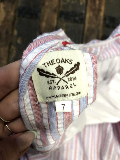 The Oaks Apparel Company Red White Blue Seersucker Girls Size 7 Lined Sundress
