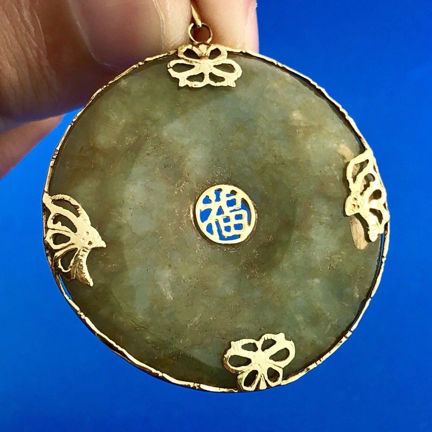 Vintage 14K Yellow Gold Jadeite Jade Chinese Character Good Luck Amulet Pendant