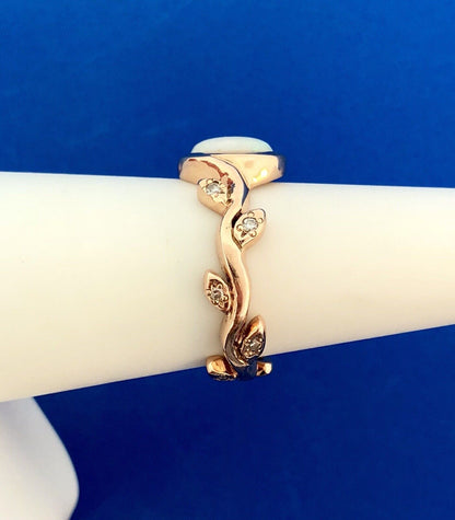 Unusual 14k Rose Gold Opal Diamond Vine Leaf Flower Motif Band Ring