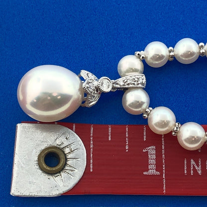 Fabulous 18K White Gold Diamond Pearl Wedding Bridal Drop Pendant Necklace