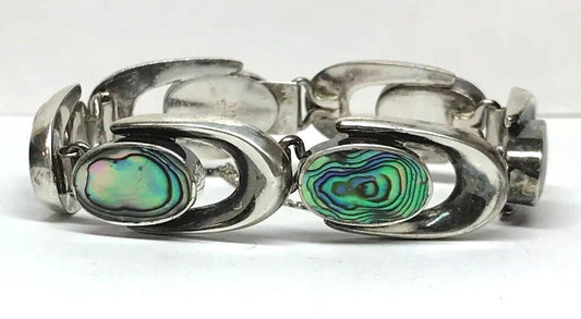 Vintage Artisan ND Sterling Silver 925 Abalone Shell Horse Shoe Link Bracelet