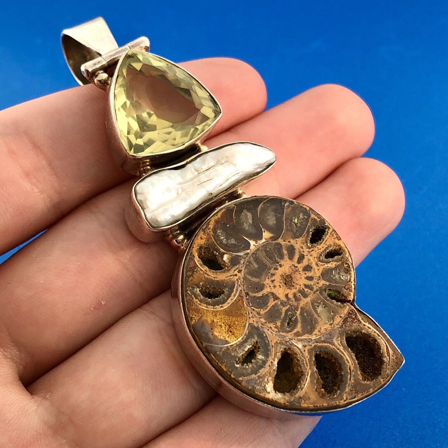 Sterling Silver 925 Lemon Quartz Mother Of Pearl Fossil Ammonite Large Pendant