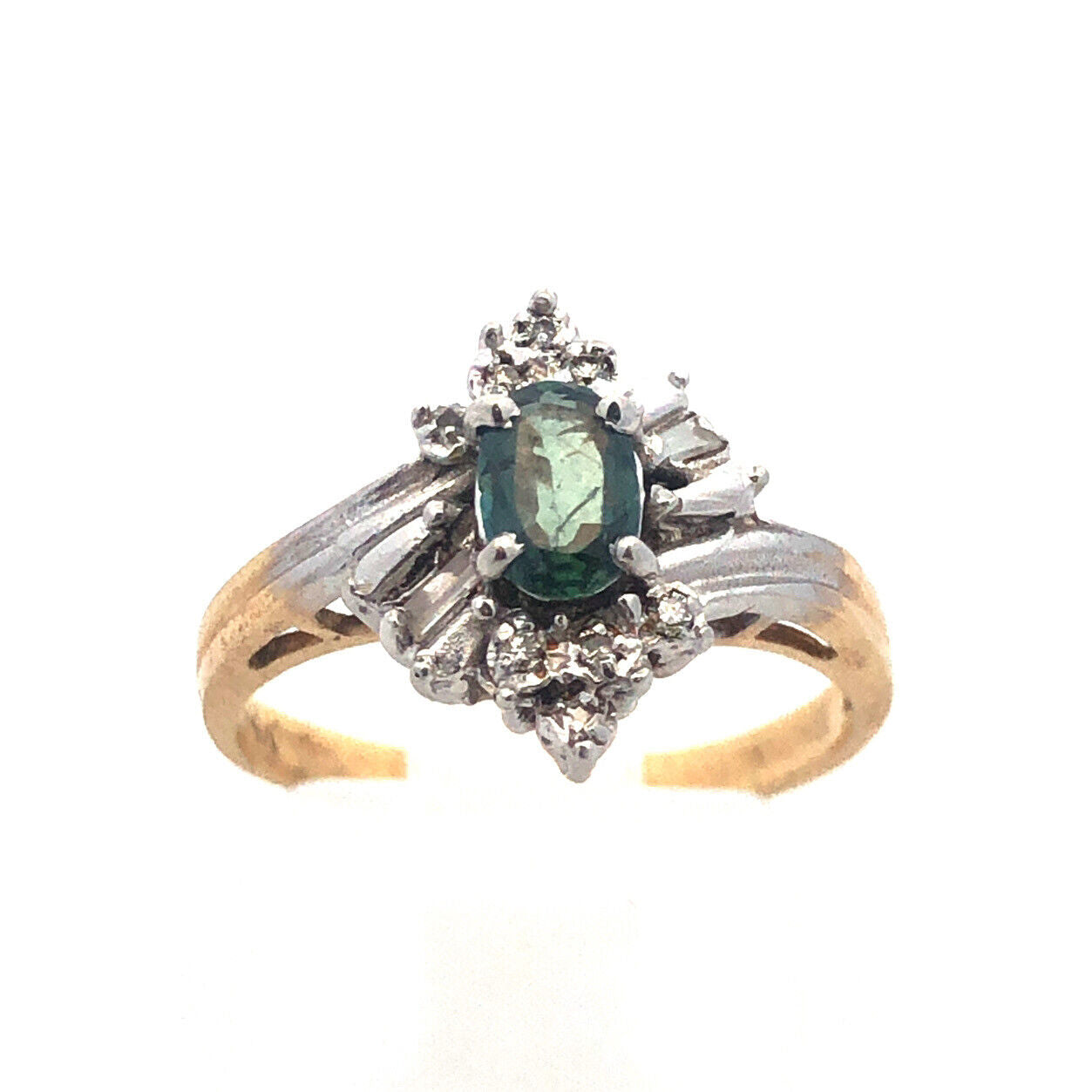 Gorgeous 14k Yellow and White Gold Oval Blue Topaz Diamond Accent Ring Size 6.25