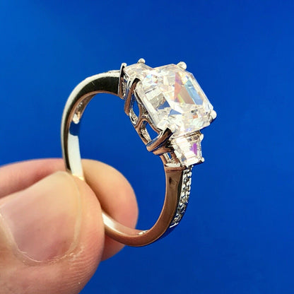 Sterling Silver Asscher Cubic Zirconia Solitaire Accents Engagement Bridal Ring