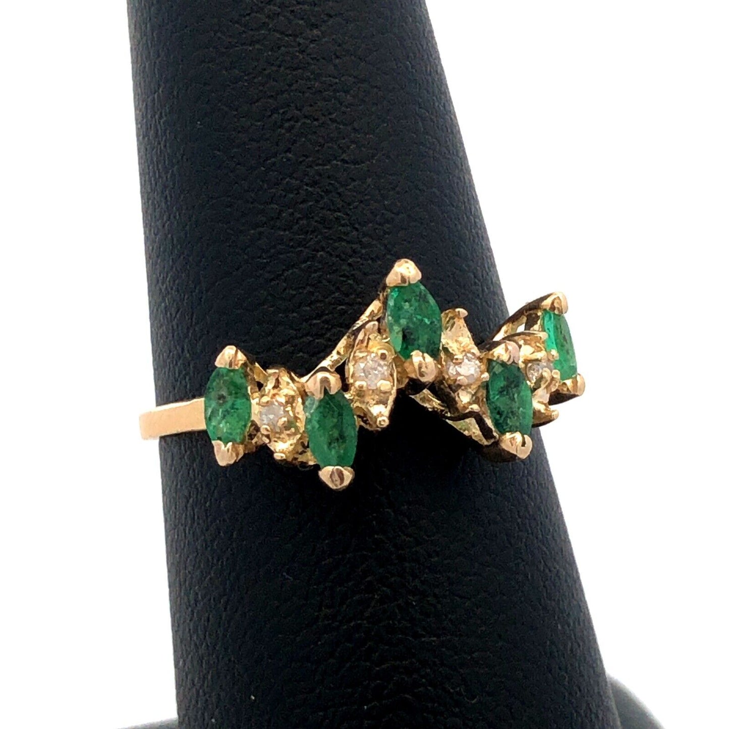 Estate 14K Yellow Gold Marquise Emerald Diamond Stacking Band Ring
