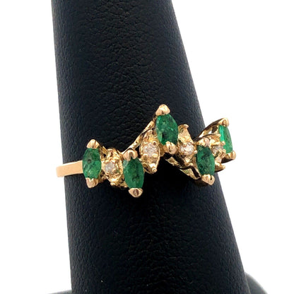 Estate 14K Yellow Gold Marquise Emerald Diamond Stacking Band Ring