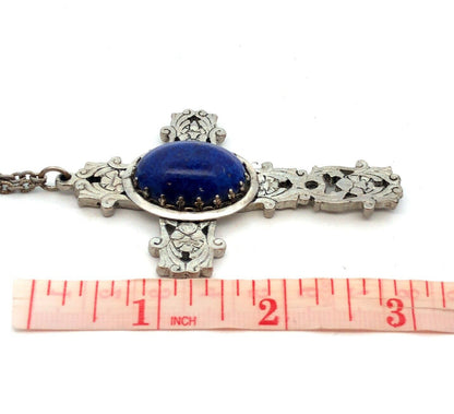 Vintage Silver Tone Lapis Lazuli Floral Scroll Dramatic Statement Cross Necklace