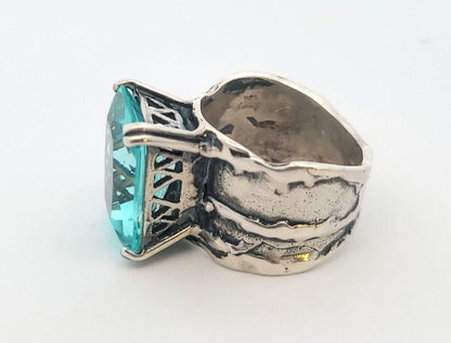 Designer 925 Sterling Silver Radiant Cut Blue Topaz Size 6.75 Wide Band Ring