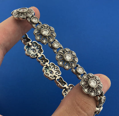 Designer 925 Sterling Silver Cubic Zirconia Floral Flower Panel Tennis Bracelet