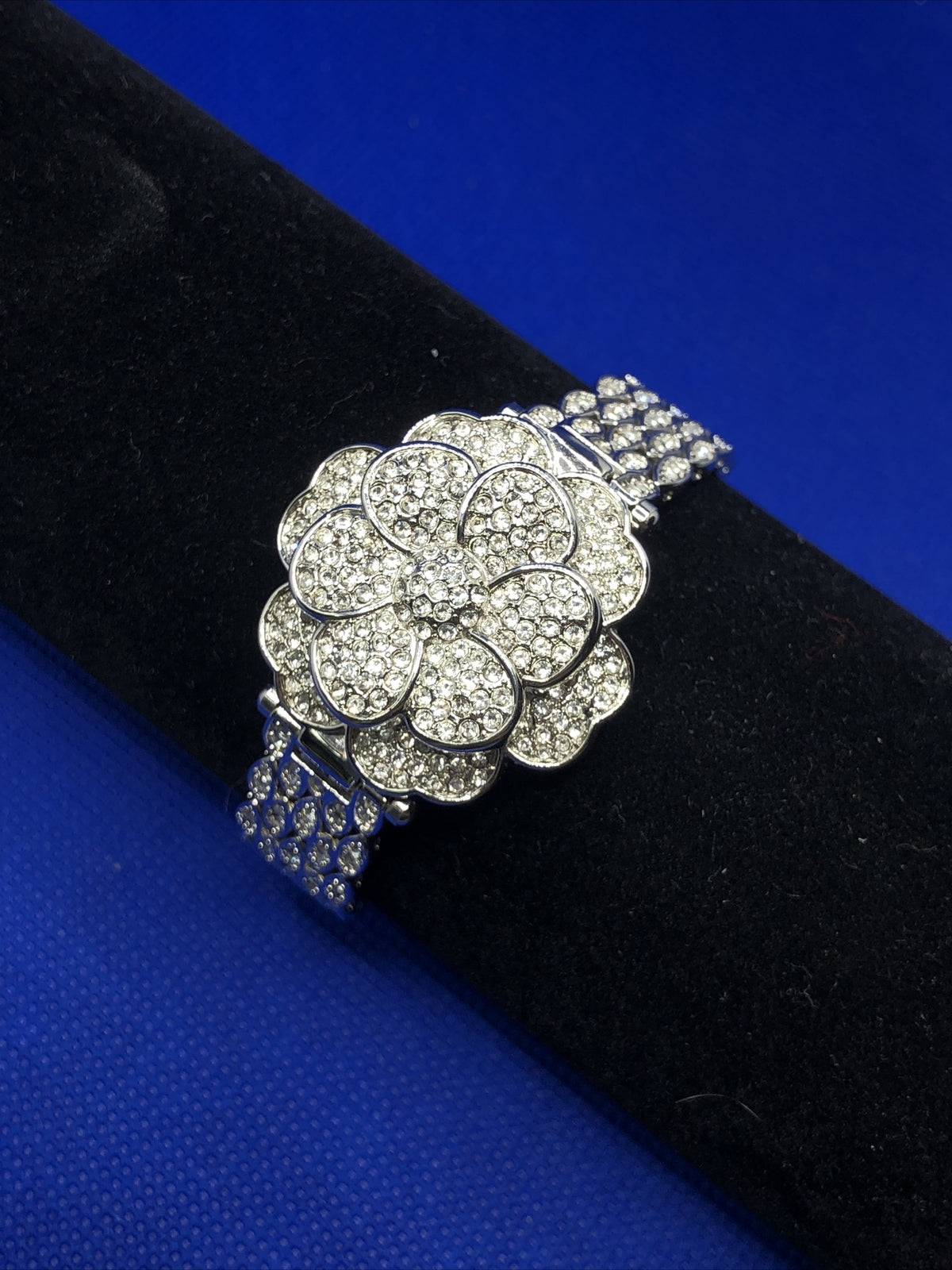 Suzanne Somers Pave Rhinestone Encrusted Flower Bracelet Hidden Watch NIB