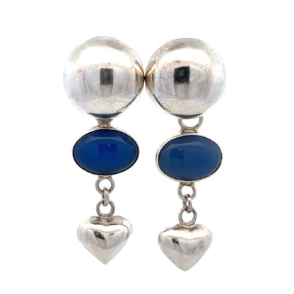 Designer Mexico 925 Sterling Silver Blue Chalcedony Dome Heart Dangle Earrings