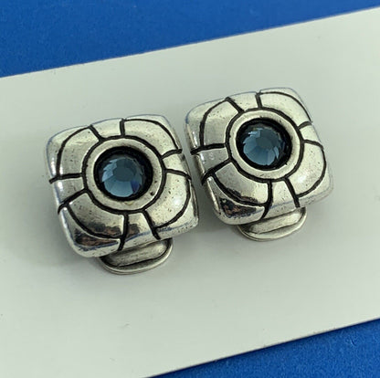 Vintage Modern Square 925 Sterling Silver Blue Glass Clip-On Earrings