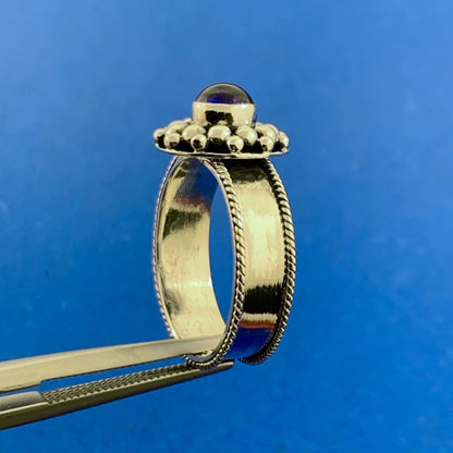 Unique 925 Sterling Silver Blue Glass Stone Round Cocktail Size 6.5 Ring