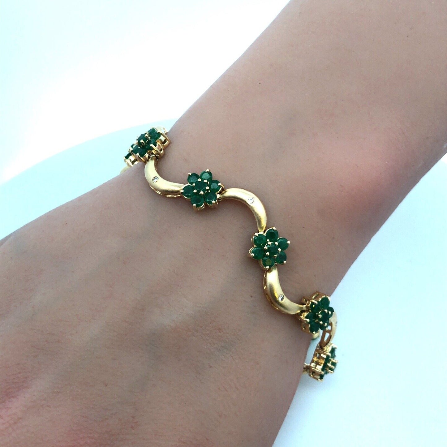 Designer 14K Yellow Gold Emerald Diamond Floral Station Bracelet