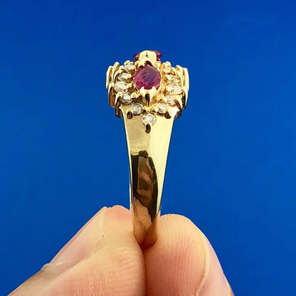 14K Yellow Gold Ruby Diamond Band Cluster July Anniversary Bridal Cocktail Ring