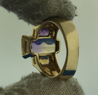 14k Yellow Gold Rectangular Faceted Ametrine Amethyst Citrine Ring Size 5.5