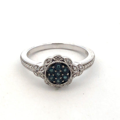 Designer 925 Sterling Silver Blue White Round Diamond Bead Detail Cocktail Ring