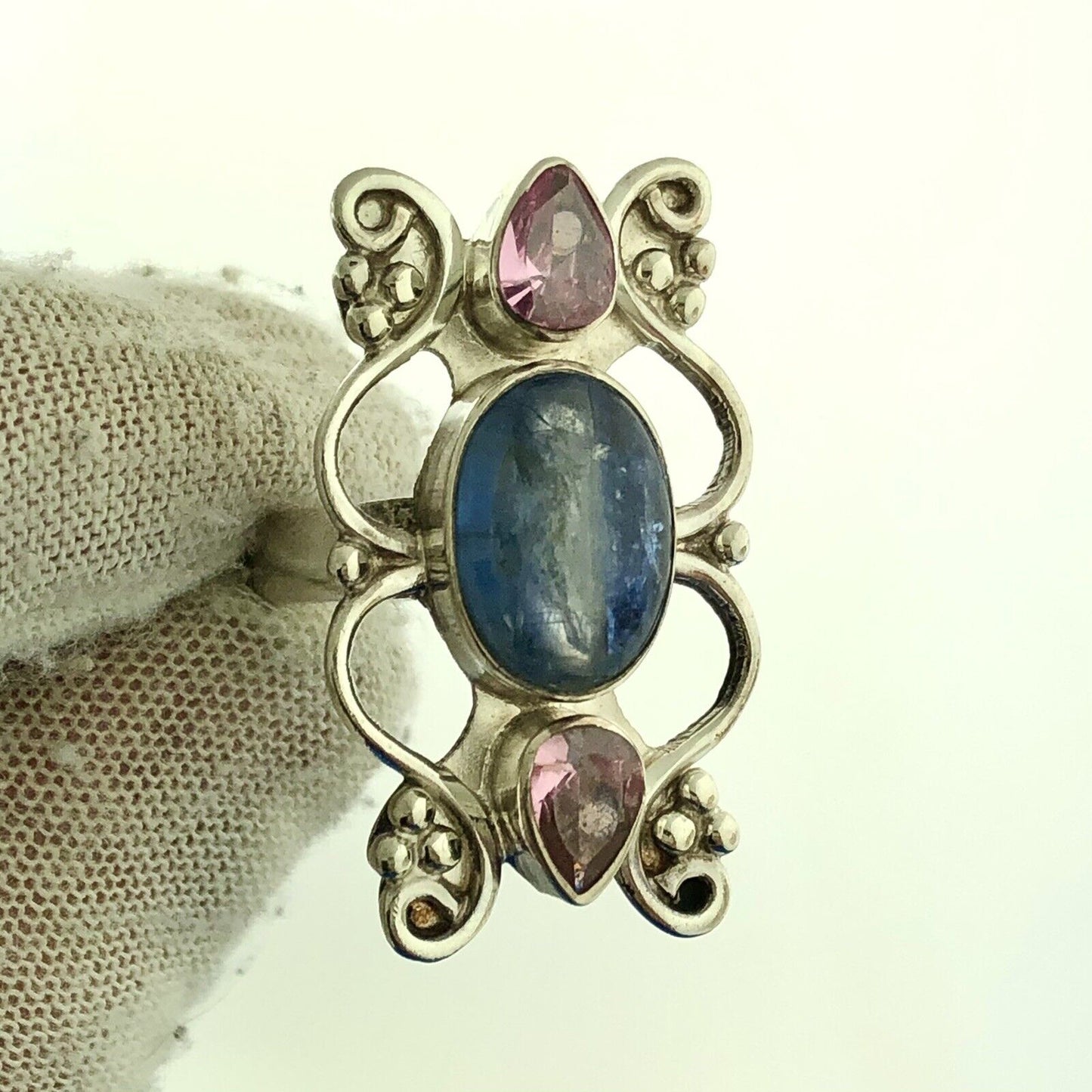 Lovely Sterling Silver 925 Blue Quartz Pink Crystal Floral Finger Ring Size 6.75