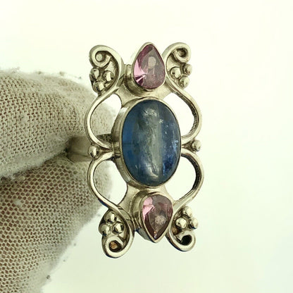 Lovely Sterling Silver 925 Blue Quartz Pink Crystal Floral Finger Ring Size 6.75