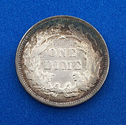 1890 P Silver Seated Liberty Dime Better Key New Orleans Coin Sunset Tone AU DET