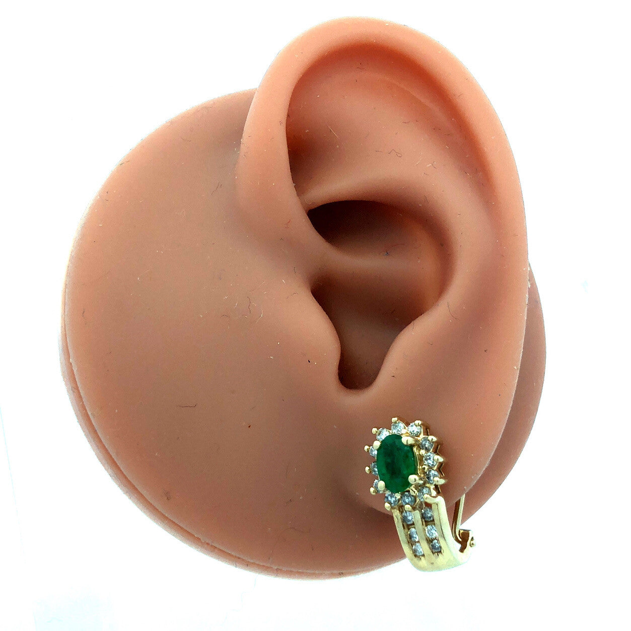 14K Yellow Gold Designer Oval Emerald Diamond Halo Drop Stud Earrings
