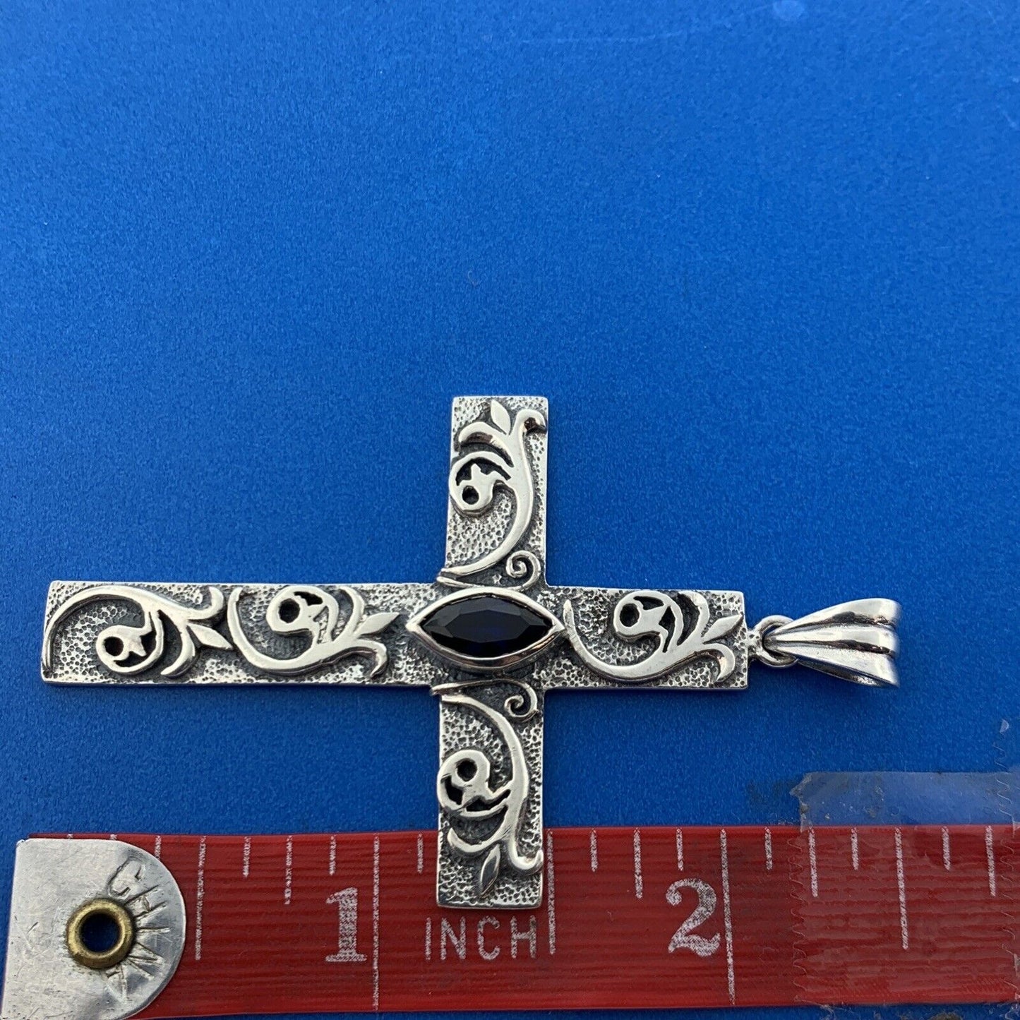 Designer PSCL 925 Sterling Silver Marquise Blue Spinel Statement Cross Pendant