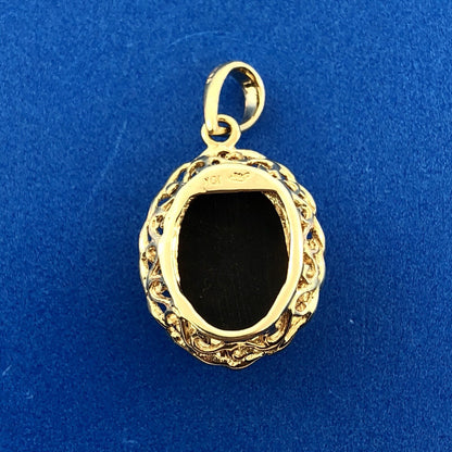 Vintage 10K Yellow Gold Black Onyx Cabochon Diamond Oval Pendant