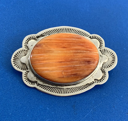 Native American Sterling Silver Oval Orange Spiny Turquoise Concho Pin Brooch