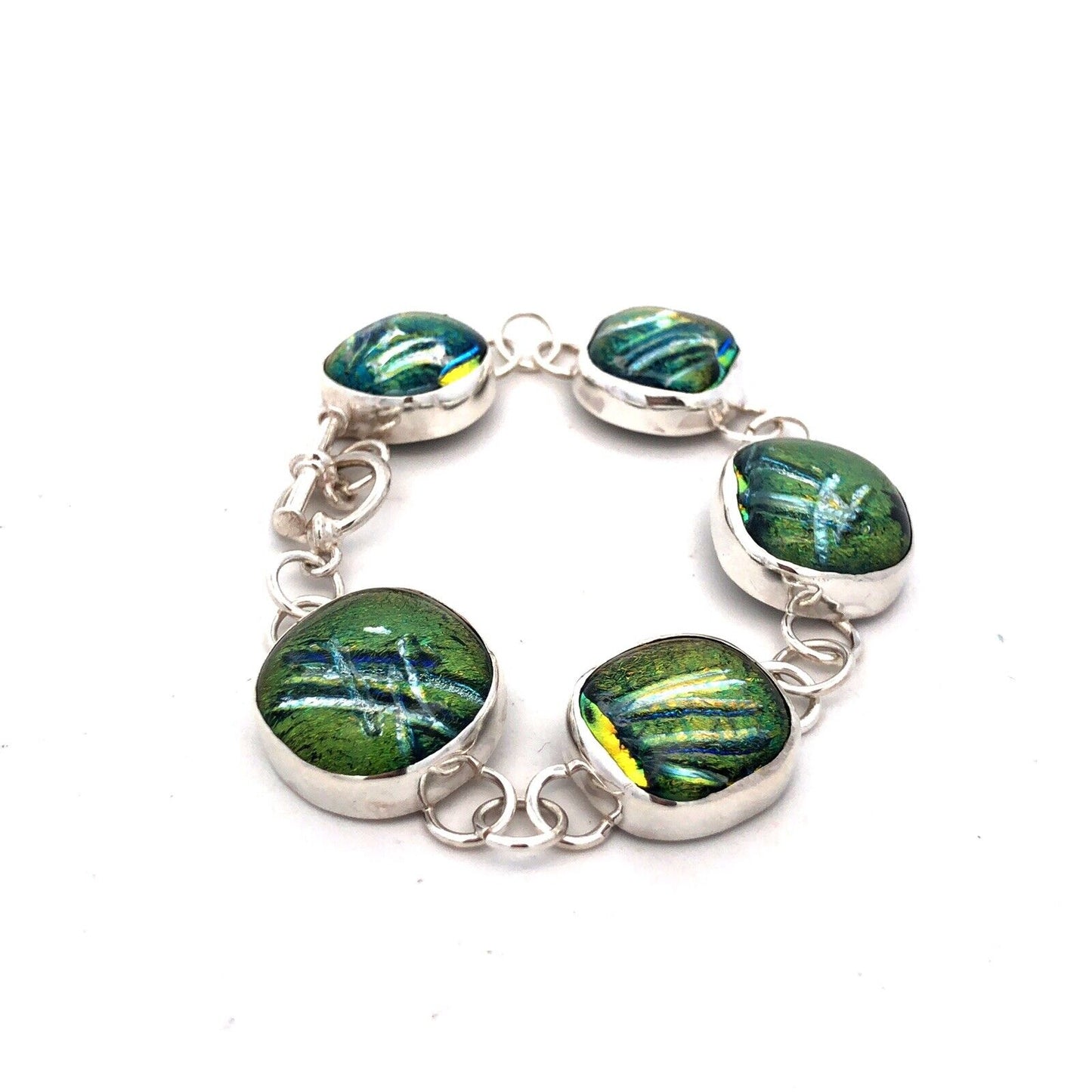 Artisan Sterling Silver Green Dichroic Glass Statement Toggle Bracelet