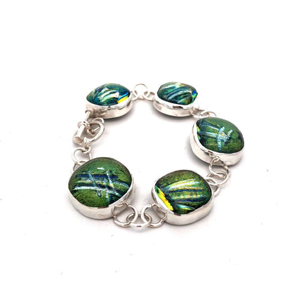Artisan Sterling Silver Green Dichroic Glass Statement Toggle Bracelet