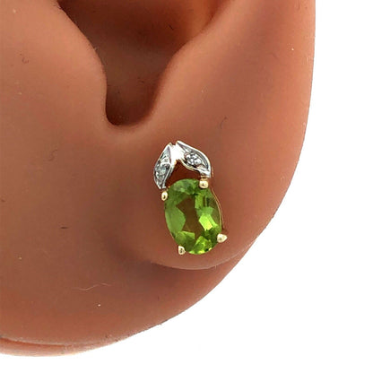 Designer 10K Yellow Gold Green Peridot Diamond August Occasion Stud Earrings