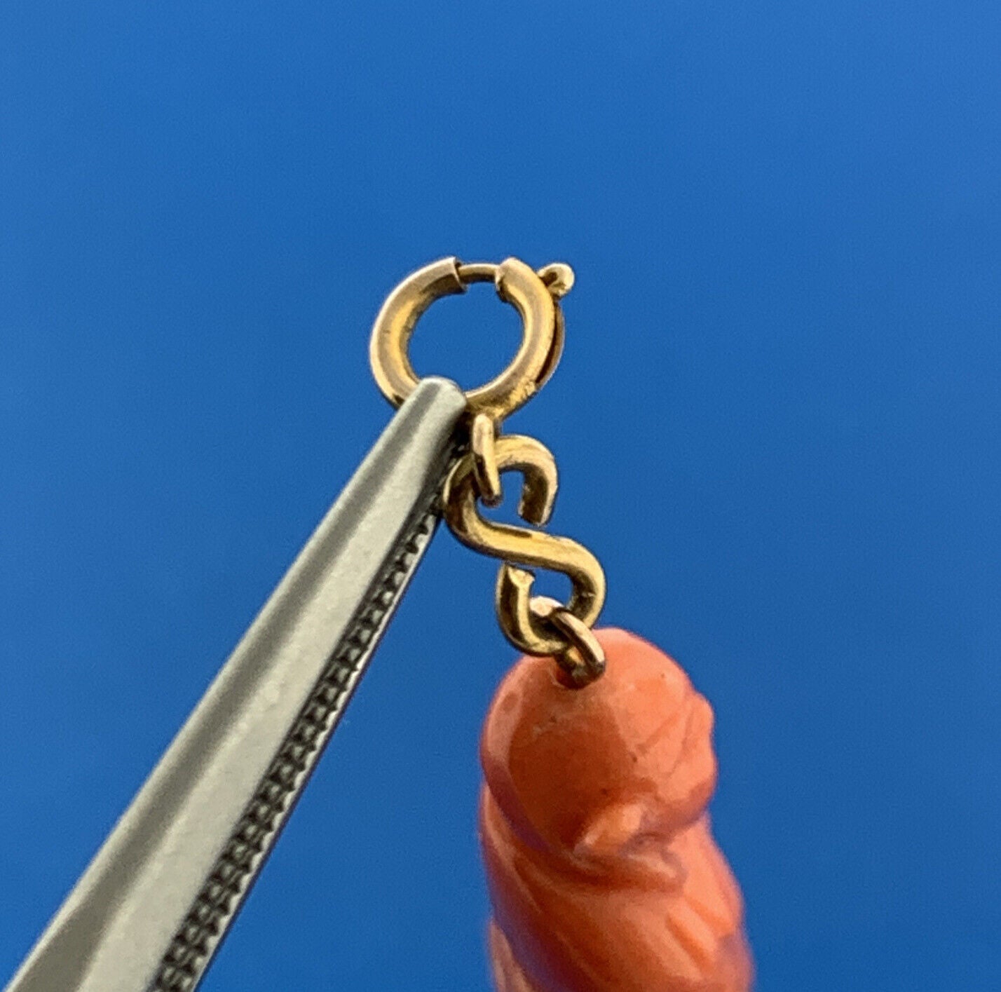 Gorgeous 10k Yellow Gold Carved Coral Meditation Praying Monk Dangle Pendant