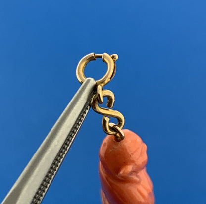 Gorgeous 10k Yellow Gold Carved Coral Meditation Praying Monk Dangle Pendant