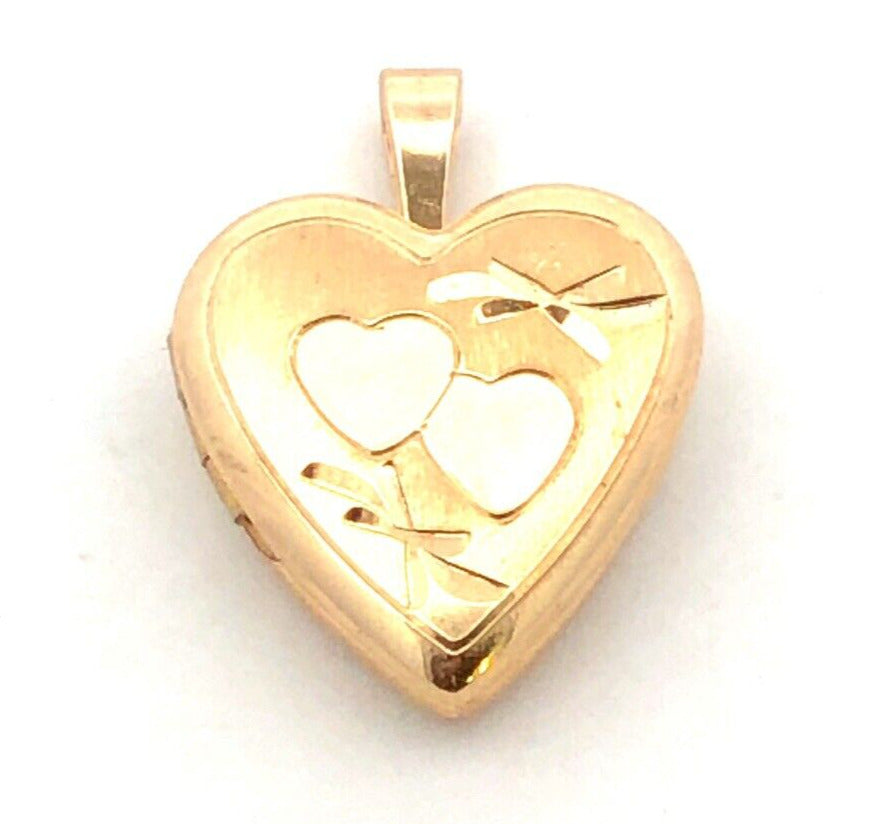 Designer PPC 14K Yellow Gold Heart Ribbon Bow Engraved Photo Locket Pendant
