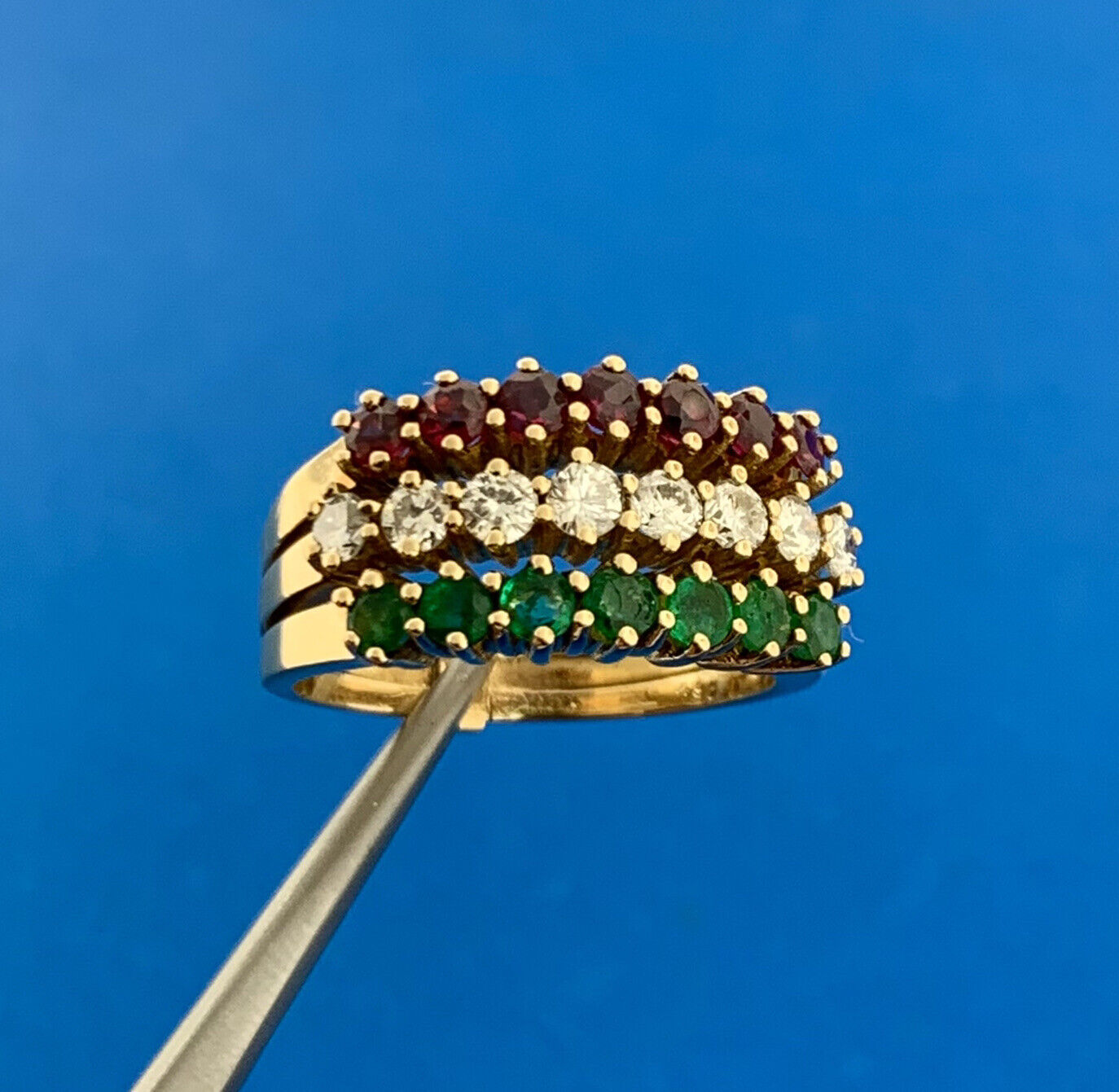 18K Yellow Gold Ruby Emerald Diamond Three Band Anniversary Cocktail Ring