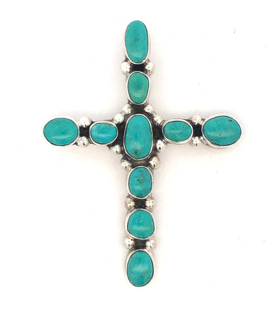 Estate 925 Sterling Silver Oval Turquoise Bezel Large Cross Statement Pendant