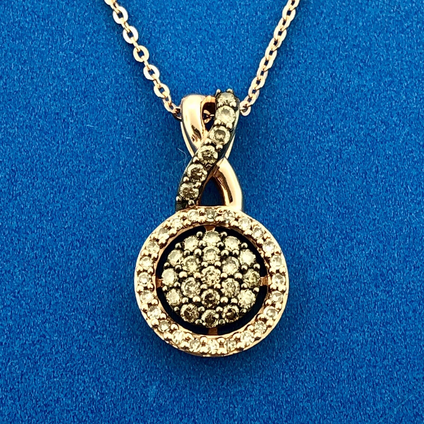 Designer 14K Rose Gold Champagne White Diamond Infinity Eternity Circle Necklace