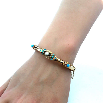 Estate 14K Yellow Gold Round Turquoise Pearl Art Deco Hinged Bangle Bracelet