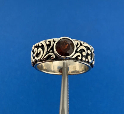 Vintage Sterling Silver Garnet Solitaire Vine Scroll January Anniversary Ring