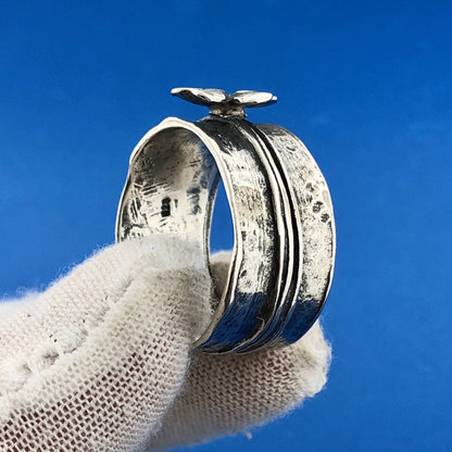 Vintage 925 Sterling Silver Daisy Peony Flower Wide Cigar Band Ring