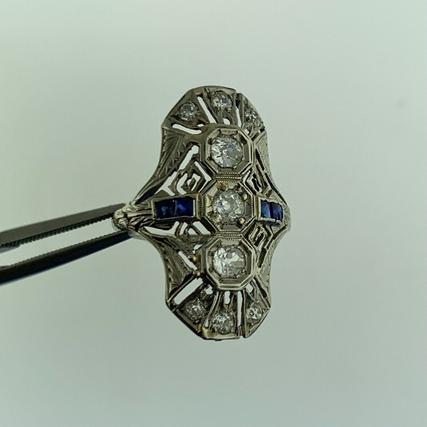 Art Deco Art Nouveau 18K White Gold Diamond Sapphire Filigree Statement Ring