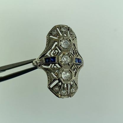 Art Deco Art Nouveau 18K White Gold Diamond Sapphire Filigree Statement Ring