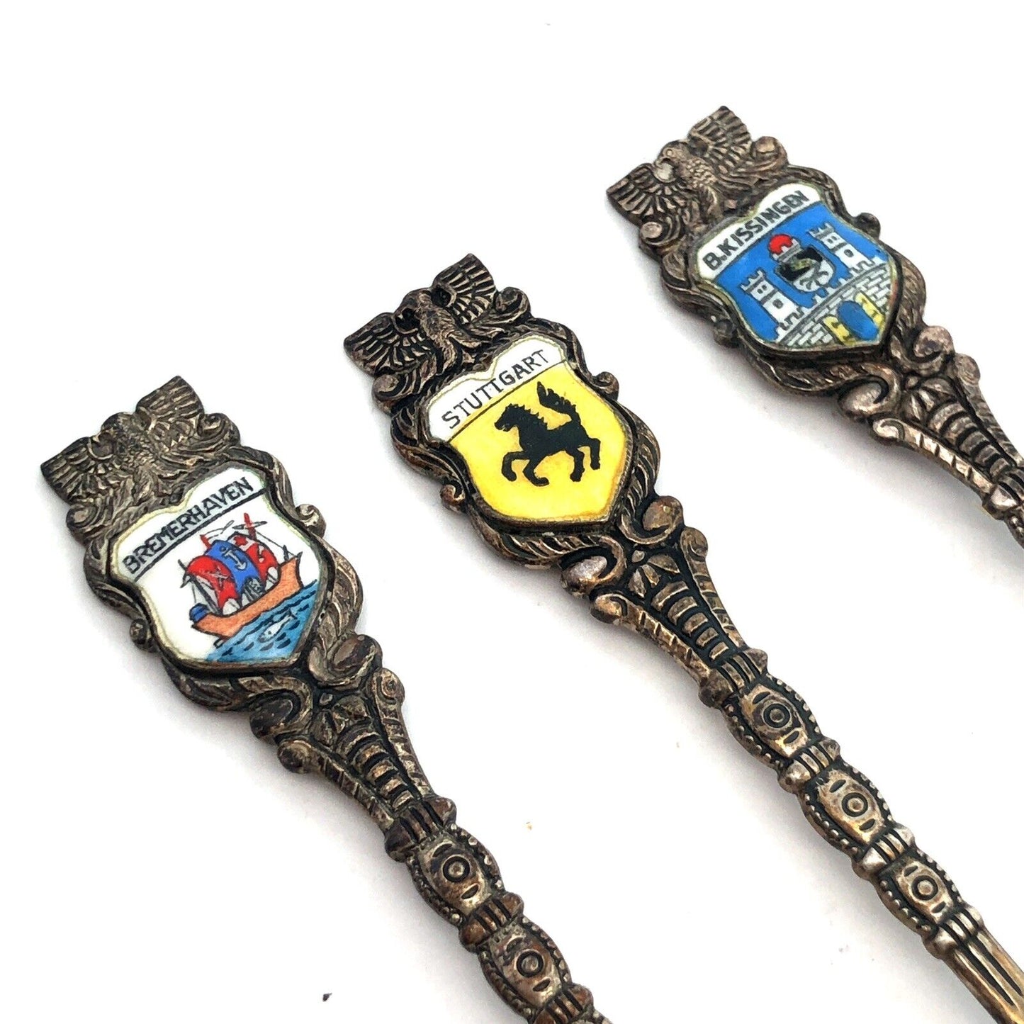 Antique 800 Silver Enamel German City Souvenir 6 Demitasse Spoons Original Box