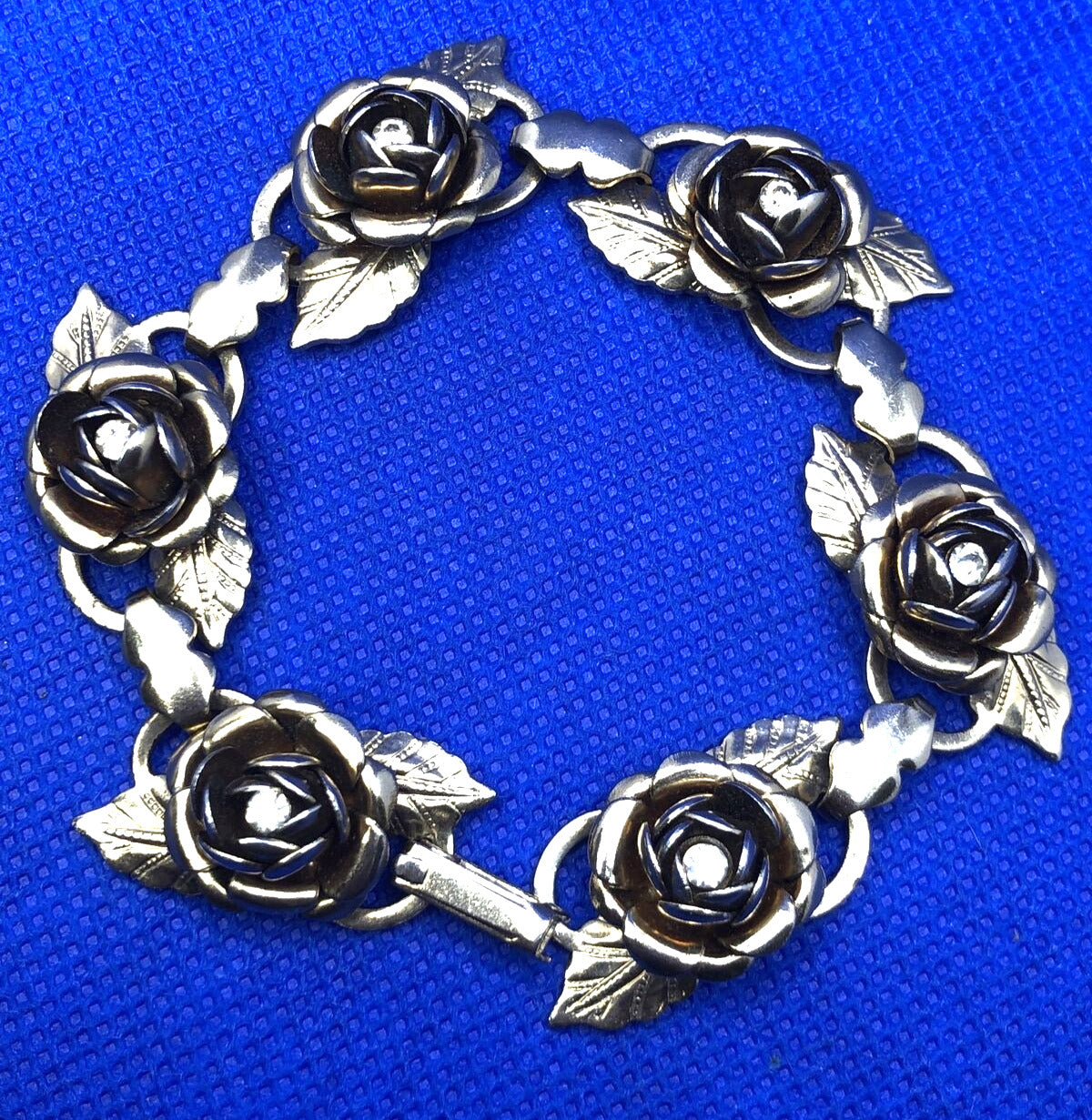Vintage Gold-Tone Rhinestone Rose Flower Station Statement Bracelet