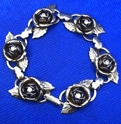 Vintage Gold-Tone Rhinestone Rose Flower Station Statement Bracelet