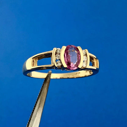 Vintage 10K Yellow Gold Oval Pink Sapphire Diamond Accent Cocktail Ring